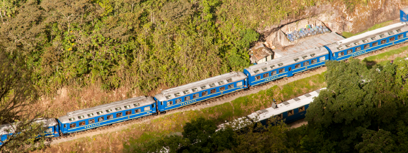 Train traveling through the Sacred Valley towards Machu Picchu
